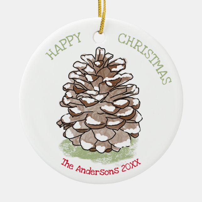 Happy Christmas Pine Cone Personalised Ceramic Tree Decoration (Front)