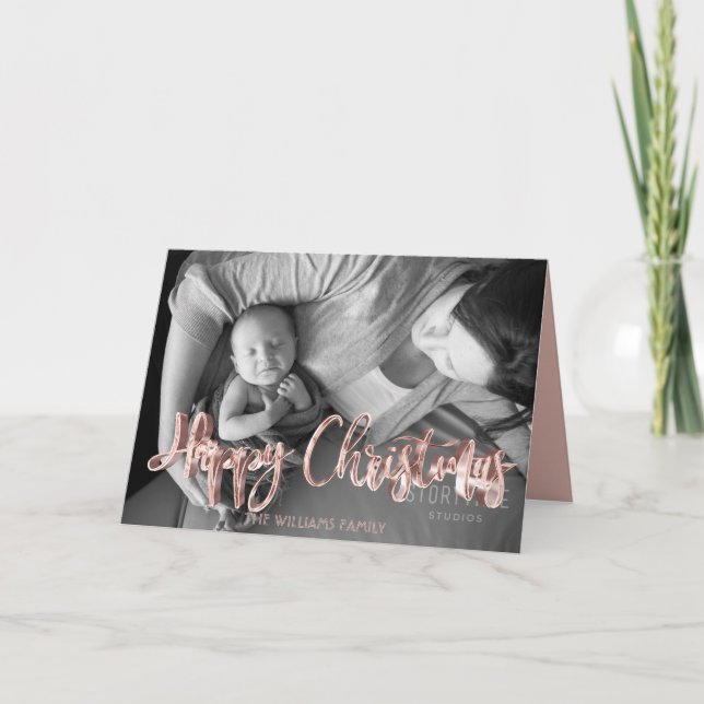 Happy Christmas Pink Rose Gold Text Overlay Holiday Card (Front)