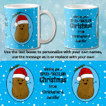 Happy Christmas Potato Personalised Coffee Mug<br><div class="desc">Adorable funny cute happy brown cartoon potato wearing a red and white Santa hat. The potato is in a cartoon art style and coloured brown, he has stick arms and fingers and a big happy smile with dots for eyes. The Santa hat on his head is red with a white...</div>