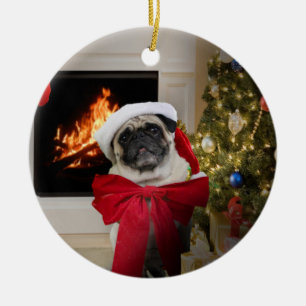 Happy Christmas Pug Misha with Bow Ceramic Tree Decoration