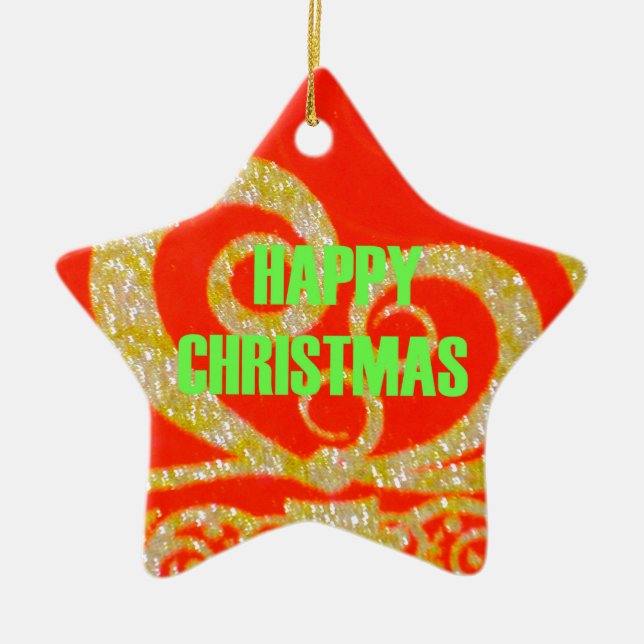 Happy Christmas Red and Gold Collection. Ceramic Tree Decoration (Front)