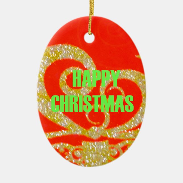 Happy Christmas Red and Gold Collection. Ceramic Tree Decoration (Front)