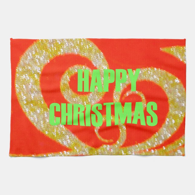 Happy Christmas Red and Gold Collection. Tea Towel (Horizontal)