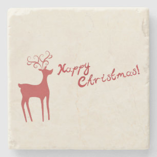 Happy Christmas Red Reindeer Stone Coaster
