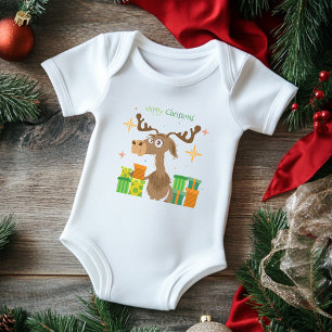 Happy Christmas Reindeer Cartoon Holidays Baby Bodysuit