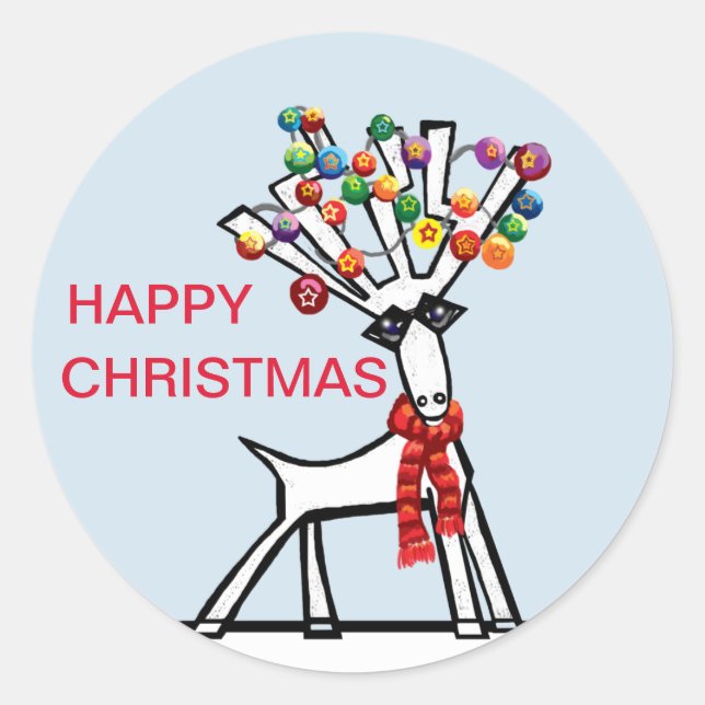 Happy Christmas reindeer in the snow party lights Classic Round Sticker (Front)