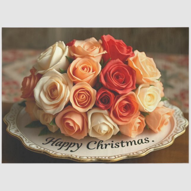 Happy Christmas Rose Flowers Bouquet Decoupage  Tissue Paper (Front)