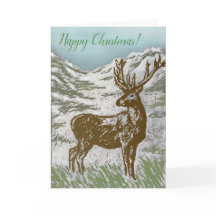 Happy Christmas Scottish Deer Snowy Glen Linocut