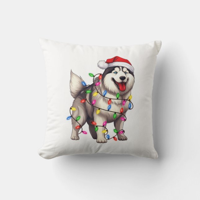 Happy Christmas Siberian Husky with Santa Hat Cushion (Front)