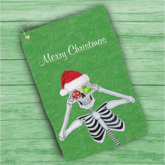 Happy Christmas Skeleton Ornament Eyes Green Gold  Golf Towel (Happy skeleton red Santa hat snowflake ornaments on green Christmas golf towel.)