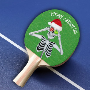 Happy Christmas Skeleton Ornament Eyes Green Ping Pong Paddle