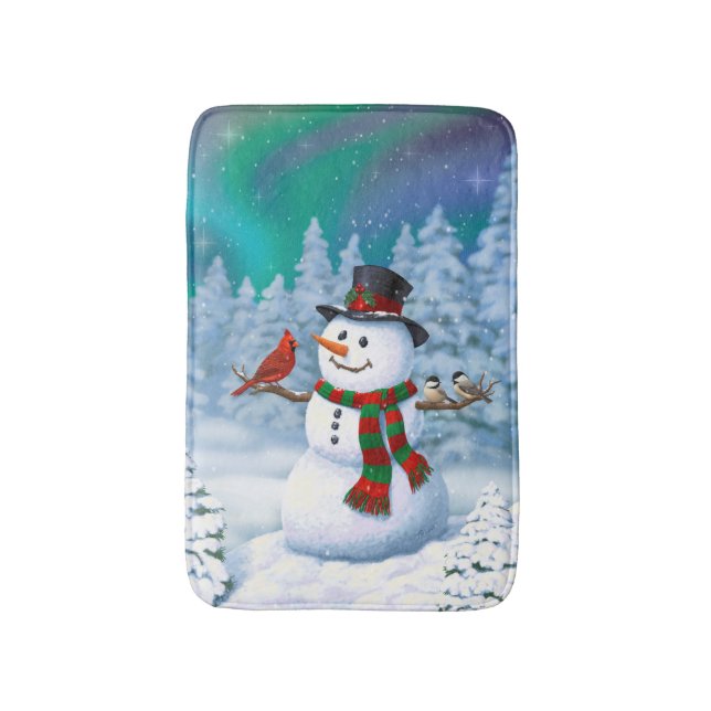 Happy Christmas Snowman & Birds Winter Scene Bath Mat (Front Vertical)