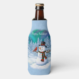Happy Christmas Snowman & Birds Winter Scene Bottle Cooler