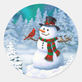 Happy Christmas Snowman & Birds Winter Scene Classic Round Sticker