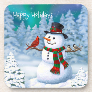 Happy Christmas Snowman & Birds Winter Scene Coaster