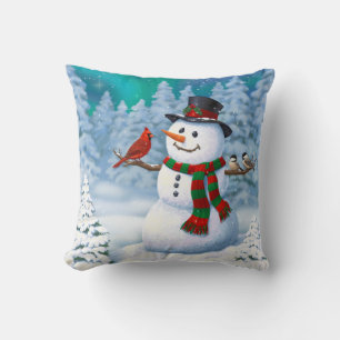 Happy Christmas Snowman & Birds Winter Scene Cushion