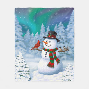 Happy Christmas Snowman & Birds Winter Scene Fleece Blanket