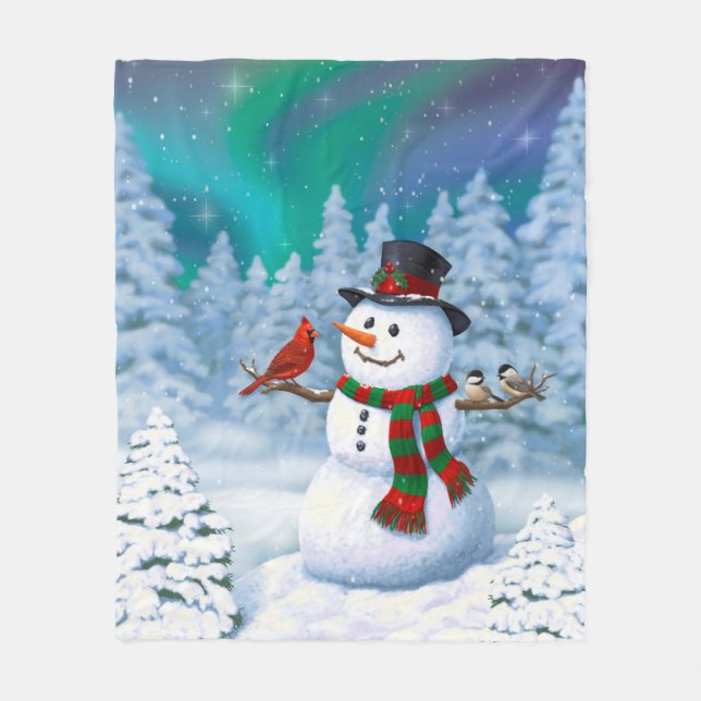 Happy Christmas Snowman & Birds Winter Scene Fleece Blanket (Front)