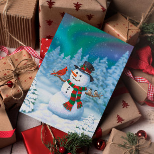 Happy Christmas Snowman & Birds Winter Scene Holiday Card