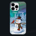 Happy Christmas Snowman & Birds Winter Scene iPhone 14 Pro Max Case<br><div class="desc">A jolly snowman in a winter scene with cute birds perched on its arms.</div>