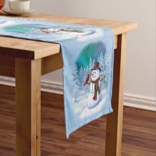 Happy Christmas Snowman & Birds Winter Scene Medium Table Runner