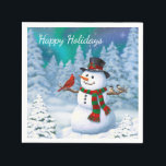 Happy Christmas Snowman & Birds Winter Scene Napkin<br><div class="desc">A jolly snowman in a winter scene with cute birds perched on its arms.</div>