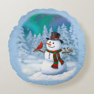 Happy Christmas Snowman & Birds Winter Scene Round Cushion