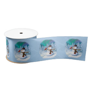 Happy Christmas Snowman & Birds Winter Scene Satin Ribbon