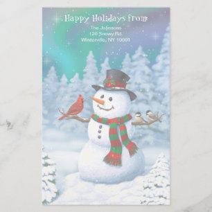 Happy Christmas Snowman & Birds Winter Scene Stationery