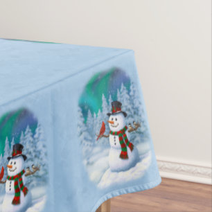 Happy Christmas Snowman & Birds Winter Scene Tablecloth