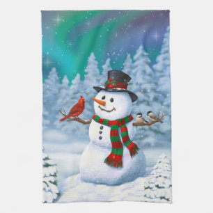 Happy Christmas Snowman & Birds Winter Scene Tea Towel