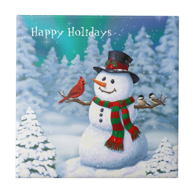 Happy Christmas Snowman & Birds Winter Scene Tile (Front)