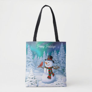 Happy Christmas Snowman & Birds Winter Scene Tote Bag
