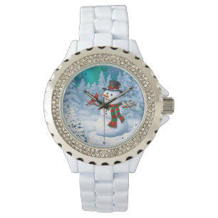 Happy Christmas Snowman & Birds Winter Scene Watch