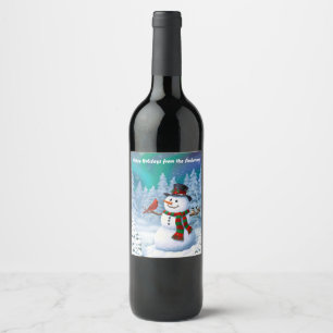 Happy Christmas Snowman & Birds Winter Scene Wine Label