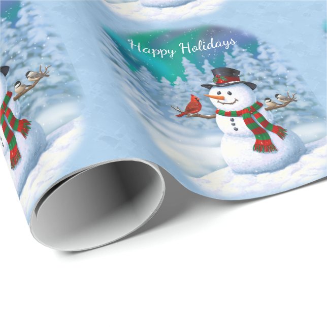 Happy Christmas Snowman & Birds Winter Scene Wrapping Paper (Roll Corner)