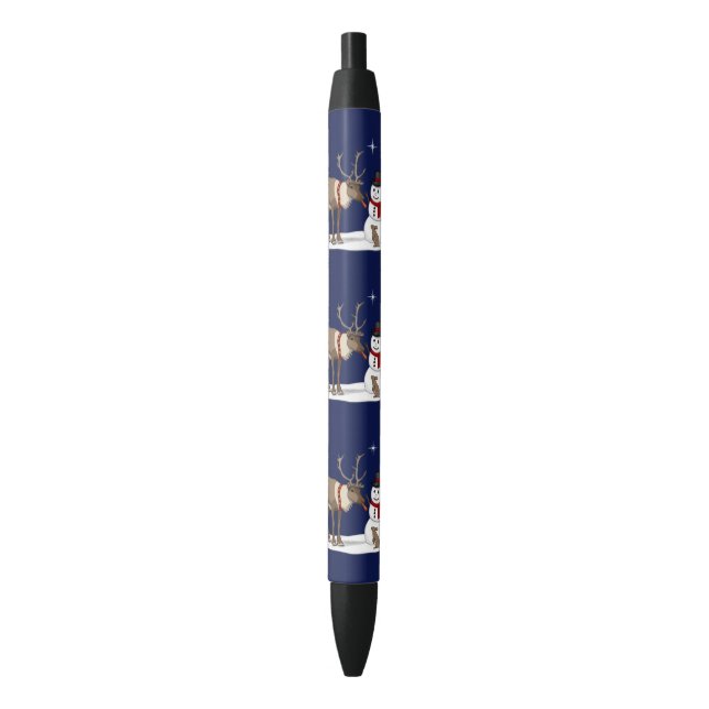 Happy Christmas Snowman & Cute Reindeer Black Ink Pen (Front Vertical)