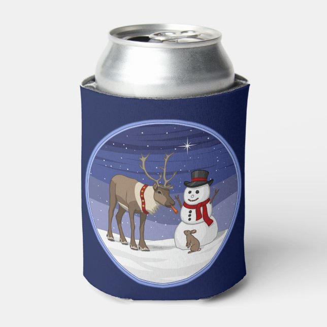 Happy Christmas Snowman & Cute Reindeer Can Cooler (Can Front)