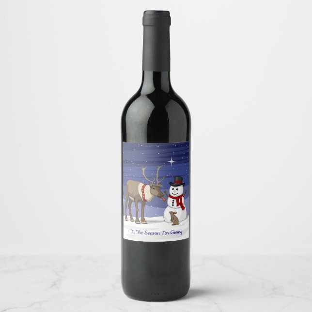 Happy Christmas Snowman & Cute Reindeer Wine Label (Front)