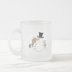 Happy Christmas Snowman Illustration Frosted Glass Coffee Mug