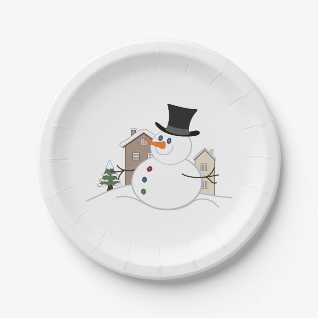 Happy Christmas Snowman Illustration Paper Plate (Front)