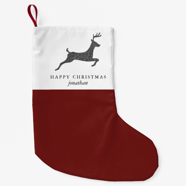 Happy Christmas Stylish Deer with Name Red Small Christmas Stocking (Front)