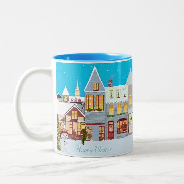 Happy Christmas Town & Snowman Two-Tone Coffee Mug (Left)