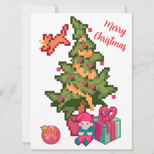 Happy Christmas tree, gnome, pixel art, Pixel Art Card