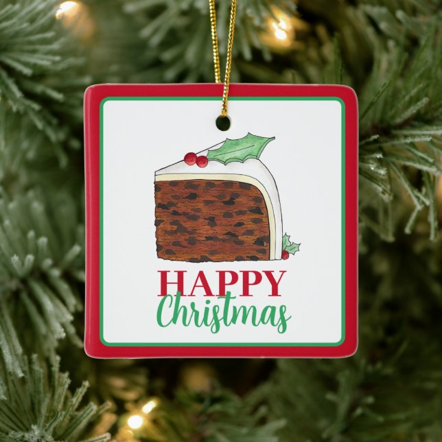 Happy Christmas UK British Cake Slice Homemade Ceramic Ornament (Tree)