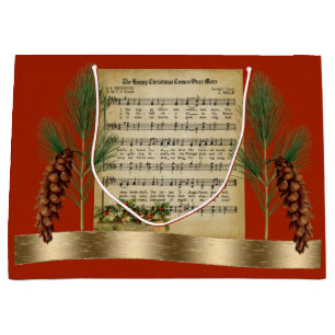 Happy Christmas Vintage Music with Pine Boughs Large Gift Bag