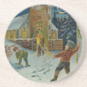 Happy Christmas - Vintage snowball fight postcard Coaster