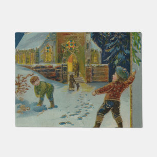 Happy Christmas - Vintage snowball fight postcard Doormat