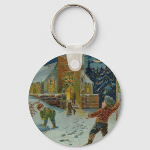 Happy Christmas - Vintage snowball fight postcard Key Ring