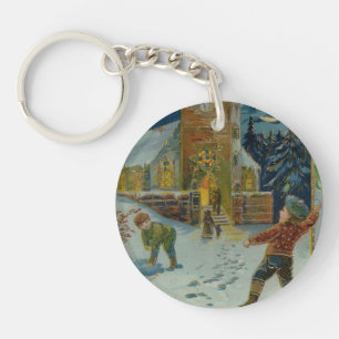 Happy Christmas - Vintage snowball fight postcard Key Ring